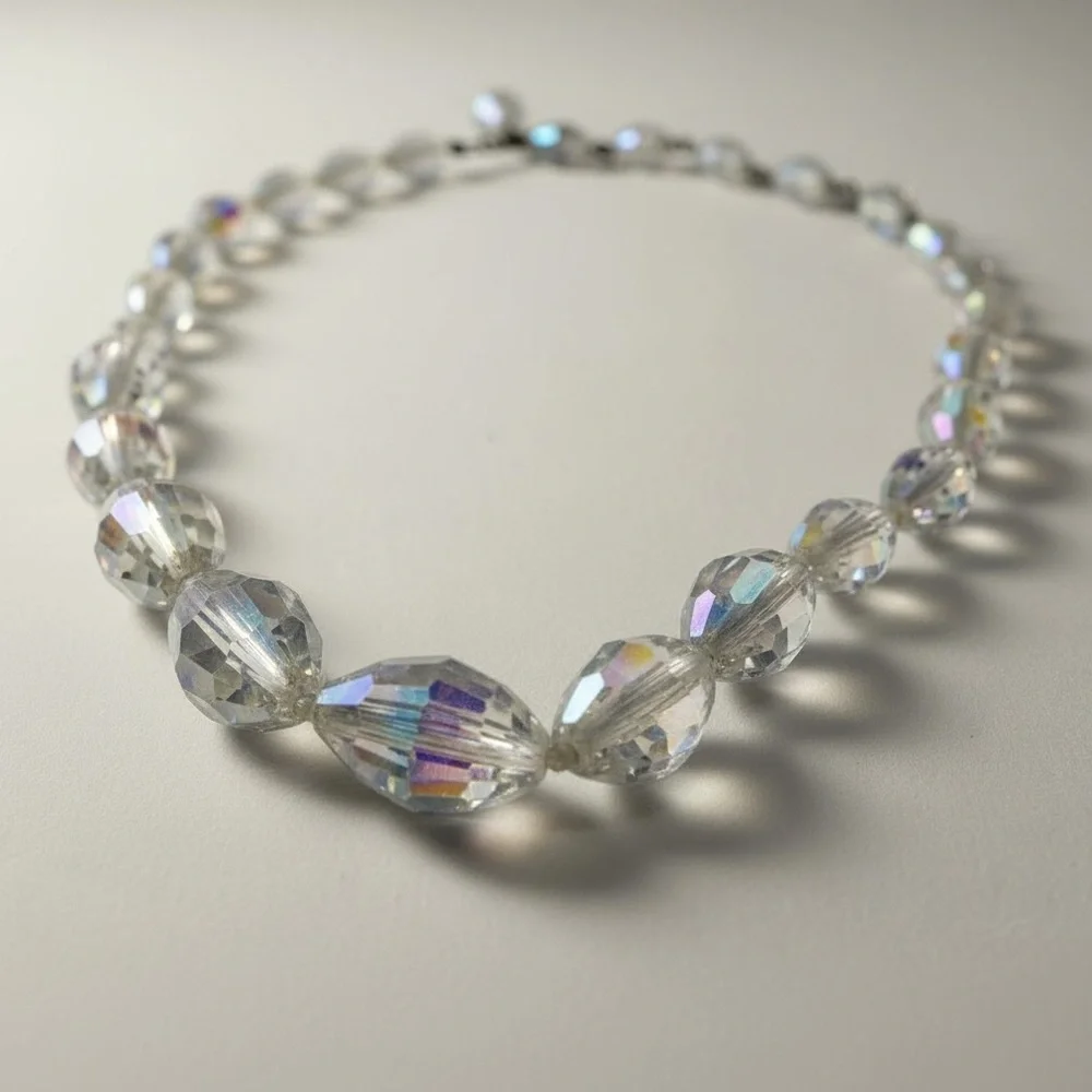 Vintage Laguna Aurora Borealis Crystal Bead Necklace Faceted AB Glass Graduated